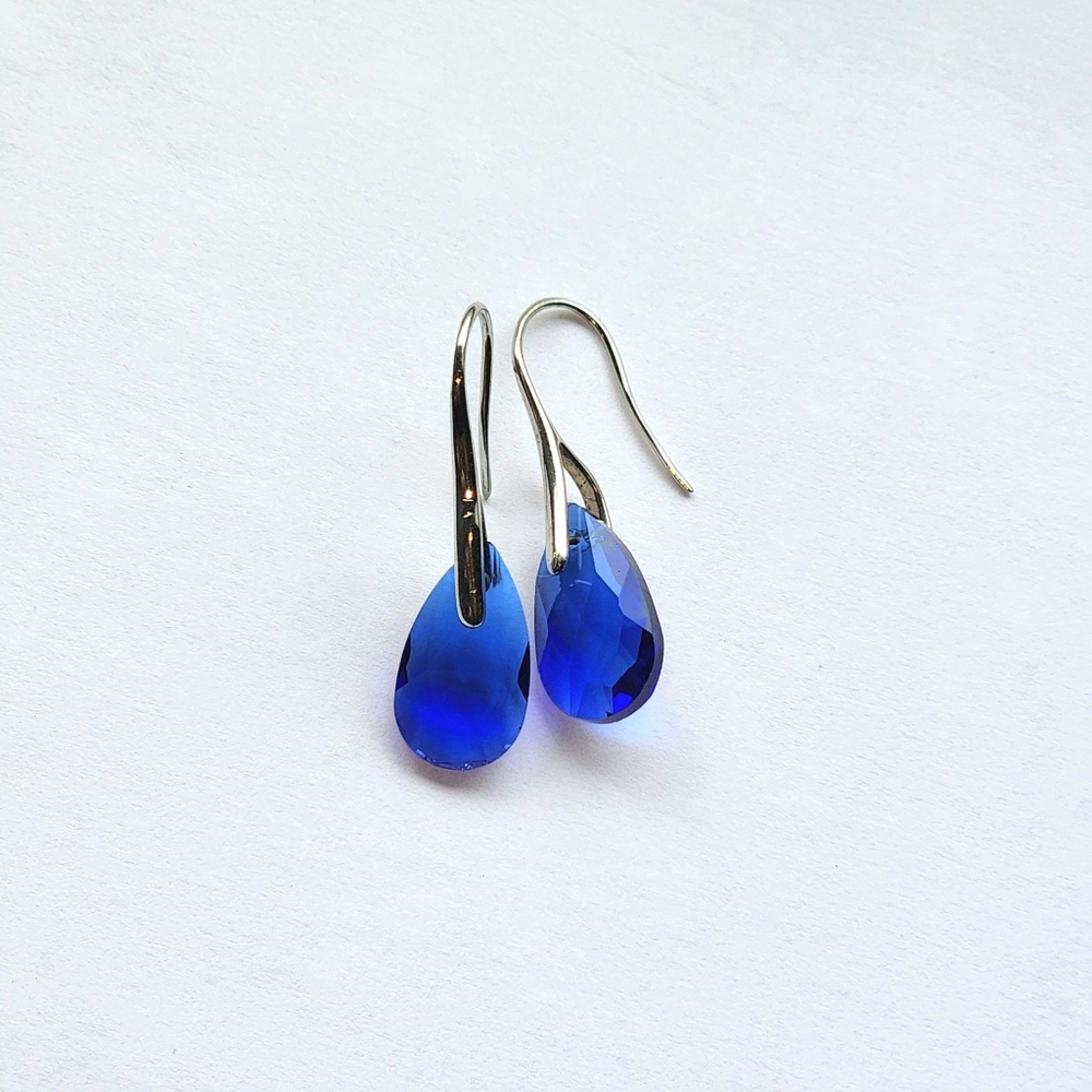 Blue Waterdrop Teardrop Crystal Drop Dangle Silver Hook Earrings